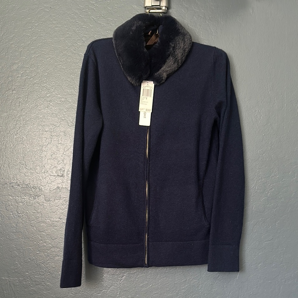The cashmere project Navy zip up Sweater with  removable Faux Fur Collar